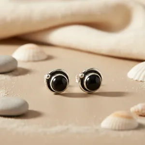 Classic 925 <b>Silver</b> <b>Stud</b> <b>Earrings</b> with Black Onyx Bezel Setting Unisex Everyday Wear Brand a From Rajasthan - Product Image 2