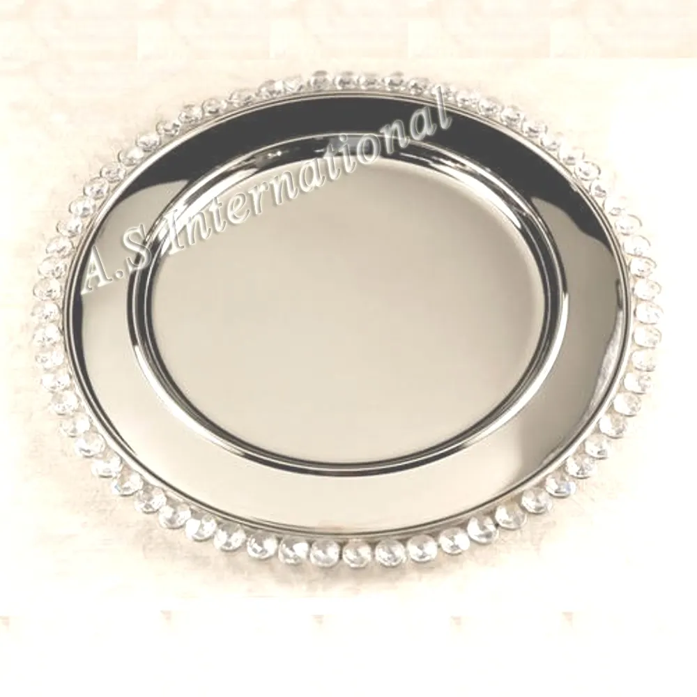 Vendita calda matrimonio decorativo lusso grande rotondo metallo nichelato cristallo tavolo da pranzo decorativo unico piatto caricatore da portata