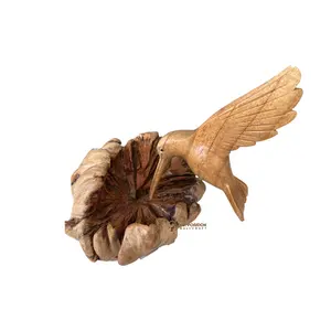 Mão Esculpida Em Madeira Hummingbird Flor Escultura Único Voando em Madeira Parasita para Decoração de Mesa