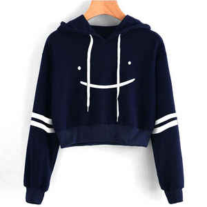 Sudadera corta con capucha de cara sonriente de Color sólido para mujer de la mejor calidad, sudadera Vintage extragrande informal de moda ligera - Product Image 2