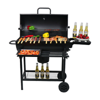 Barbecue au charbon de bois de style américain, luxueux, en acier de qualité supérieure, avec revêtement en poudre, chariot avec télécommande, deux tables latérales pliantes