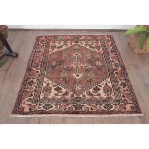 Vintage 4.3x4.6 ft Rug, Accent Turkish Rug, <b>Brown</b> Pink Patchwork <b>Wool</b> Rug - Product Image 1