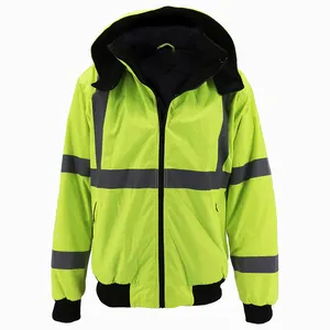 Premium Quality Hi Viz Jackets Green Color Winter Wear With Fleece Inside Zipper Up Detachable Hoodie Reflective Safety Hoodie