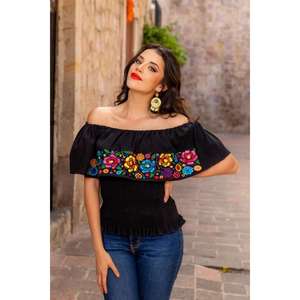 Blusa Bordada con Hombros Descubiertos para Mujer, Estilo Mexicano, Floral, Boho, Cintura Elástica, Camisa Casual de Algodón - Product Image 1