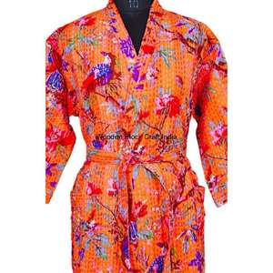 100% Cotton <b>Long</b> Vintage Organic Kantha Quilted <b>Kimono</b> <b>Robe</b> Handmade Indian Festival Spring Eco-Friendly Sleepwear - Product Image 3
