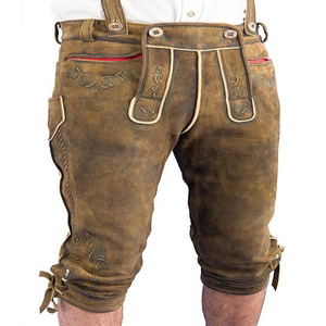 Lederhosen traditionnels allemands pour hommes, longueur genou, taille mi-haute, respirants, motif écossais, en daim de chèvre, fermeture boutonnée, broderie - Product Image 4