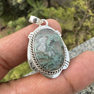 Collar con Colgante de Piedra Preciosa de Ágata Musgosa Natural |   Joyería Hecha a Mano de Plata de Ley 925 de Estilo Bohemio Sin Cadena - Product Image 3