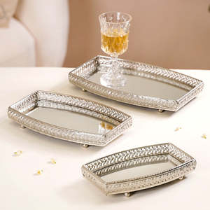 AMBAR EXPORTS Luxury Set of 3 Silver <b>Mirror</b> <b>Rectangle</b> Trays Handicraft Metal with Plant Pattern for Serving - Product Image 1