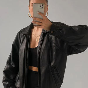 Service OEM Blouson bombardier en cuir surdimensionné pour femmes en cuir véritable fermeture éclair décontracté doublure en coton respirant séchage rapide - Product Image 3