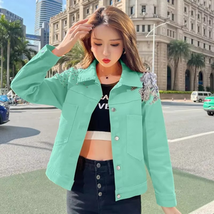 2023 femmes haut ample Style bonbons couleurs Denim veste courte bouton hiver vêtements d'extérieur Rivet Applique Rose-rouge vert lavé été - Product Image 6