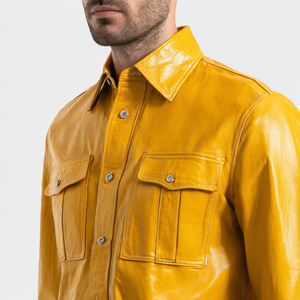 Customized Letterman Leather Shirt <b>Men's</b> Yellow Fashion Leather Shirt <b>Men</b> Button Down Turn Down Collar Leather Shirt <b>MEns</b> - Product Image 2