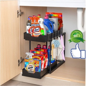 Organisateur <span class=keywords><strong>sous</strong></span> l'<span class=keywords><strong>évier</strong></span> en plastique noir à 2 niveaux pour la cuisine et la salle de bain, rangement coulissant pour armoire et étagère d'organisation - Product Image 1