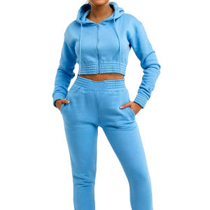 Zip Sweatshirt <b>Crop</b> <b>Top</b> Women's Suits Cotton Women's Fitting Tracksuits Custom <b>Men</b> Stacked Sweat Suit Hem Cut Hoodie Jogger - Product Image 1