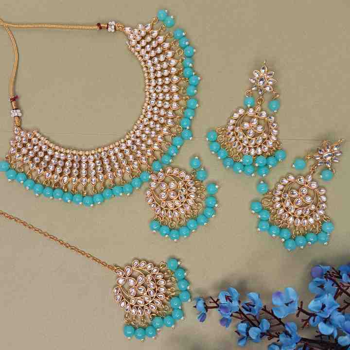Indian Jewelry Choker Necklace Maang Tikka Earrings Bollywood Wedding Crystal Kundan Necklace Earrings Head Chain Set