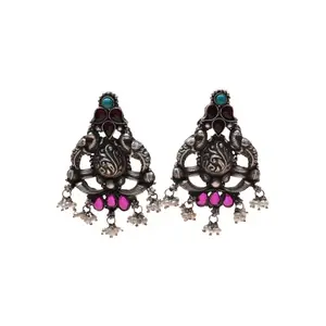 Indian Heritage Dual Peacock Motif Fashion Jewelry Earrings Multicolor Stone Pearl Beads Embellished Oxidised Silver Low-Priced