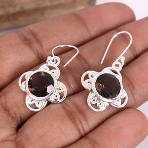Premium Quality Smoky Quartz Gemstone Round Faceted Vintage Baho Solid 925 Sterling Silver Plated Dangle Drop Womens <b>Earring</b> - Product Image 6