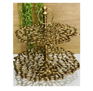 Hot Selling Coral Gold Metal <b>Cake</b> Tool 2 Tiered Display <b>Stand</b> Wedding and Home Decoration Metal Serving Tray With 2 <b>Tier</b> - Product Image 1