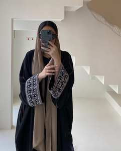 Handmade Black Satin Silk Abaya Beautiful White Embroidery Dubai-Style Inspired Partywear <b>Dress</b> for Adults Traditional Muslim - Product Image 4