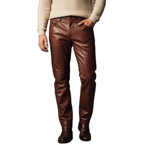 Pantalones de cuero marrón para hombre, pantalones de cuero auténtico de corte ajustado, ropa informal de calle - Product Image 1