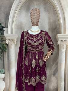 Presentando el nuevo diseñador Faux Georgette hilo de seda con Secuencia bordado trabajo Kurti y Palazzo con encaje en el borde Dupatta - Product Image 5