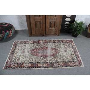 Turkish Vintage Small Rug 2.8x5.2 ft, <b>Red</b> Blue Floral <b>Wool</b> Rug - Product Image 3