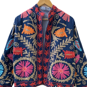 Manteau kimono long d'hiver vintage en velours brodé Suzani, style bohème, 100% coton, design indien - Product Image 3