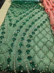 Premium Quality Net Lace Fabric with Hand <b>Beaded</b> Detail for Women's Evening Party and Wedding Dresses Polyester Fabric - Product Image 4