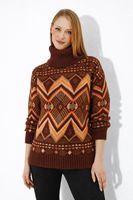 Pull en tricot élégant pour femme à motif ethnique, respirant, texture douce, col roulé, chic, vintage