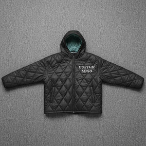 เสื้อโค้ทสีดำบุฟองน้ำสำหรับผู้ชายเสื้อแจ็คเก็ตแบบมีฮู้ดเสื้อโค้ทขนเป็ดมีซิปรูดออกแบบลายเพชรสำหรับผู้ชายโลโก้ตามต้องการ - Product Image 5