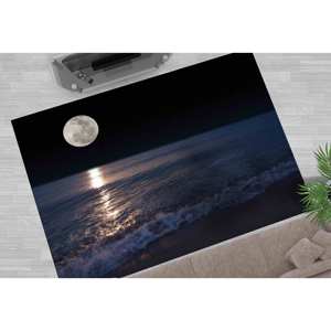 พรมลายพระจันทร์เต็มดวงริมชายฝั่ง: วิวทะเลยามค่ำคืน, กันลื่น, ซักได้, พรมเชนิลล์ - Product Image 1