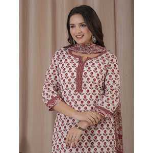 Conjunto de Kurta y Pantalón de Algodón con Estampado a Mano en Blanco y Rojo, con Mangas Tres Cuartos para Uso Diario - Product Image 1