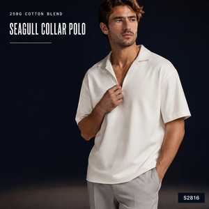 Polo de mezcla de lana para hombre, holgado, con hombros caídos, cuello gaviota, manga corta, color liso, estilo vintage, Old Money - Product Image 1