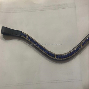 3 rangées de cristaux argentés et bleus de qualité supérieure en cuir véritable de luxe, bande de sourcils de cheval méga bling, fabricant en gros - Product Image 6