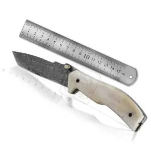 大马士革钢刀DD-FK-743驼骨手柄折叠小刀，户外活动，野营，打猎和日常