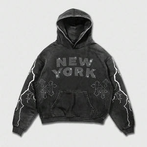 Sudadera con capucha de gran tamaño con estampado cruzado y letras de diamantes de imitación de alta calidad para hombre-Sudadera con capucha lavada con hombros caídos regulares para hombre - Product Image 1