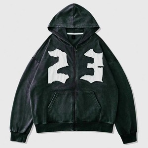 Fabricant de sweat à capuche pour hommes personnalisé | Sweat à capuche zippé en détresse avec broderie de chiffres, épaule tombante, lavage à sec | Vêtements unisexes - Product Image 1