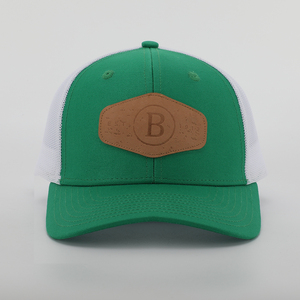 Premium Men's 6-Panel Green Cotton Twill Leather Patch Logo Mesh Gorras 112 Trucker Cap Hat Custom High Quality Puff Printing - Product Image 2