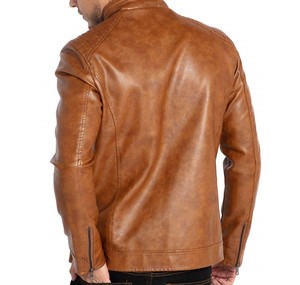 Chaqueta de Motociclista de Cuero Genuino Marrón para Hombre, Cuello Alto, Cierre de Cremallera, Corte Ajustado, para Otoño - Product Image 2