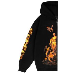 Sweat à capuche noir à fermeture éclair avec imprimé d'art de crâne d'ange gothique, streetwear vintage, surdimensionné, veste personnalisée OEM lavée pour femmes - Product Image 3