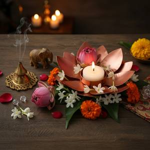 Support de bougie en fer durable et écologique fait à la main, design lotus, pour bougie chauffe-plat et bougie pilier, pour la maison, la pooja et la décoration festive - Product Image 4