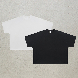 Camiseta de algodón de 200g de alta calidad, sin costuras, ajuste cuadrado de 2 paneles, estilo recortado de gran tamaño con patrón sólido, estilo informal - Product Image 1