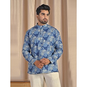 Kurta court en coton popeline bleu imprimé pour homme, chemise décontractée à manches longues, respirante et confortable - Product Image 5