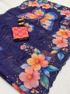 Sari de algodón Chanderi suave para mujer con bordado Aari y borde con trabajo de corte, hecho en India, en stock. - Product Image 5