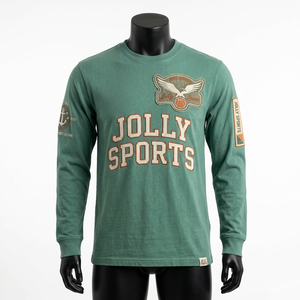 Elite 230 GSM cotton long sleeve t shirt men green breathable fabric embroidered patch <b>logo</b> custom print Long Sleeve T Shirts - Product Image 5