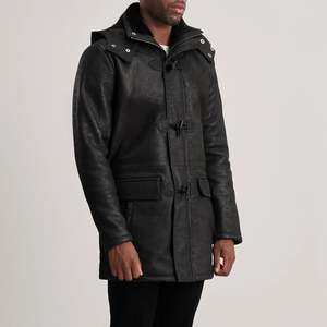 <b>Men's</b> Distressed Black Leather <b>Duffle</b> <b>Coat</b> - Product Image 2
