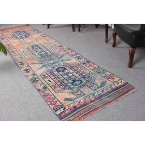 Vintage 2,7 X 11.3ft azul Rosa lana alfombra turca área grande rectángulo Patchwork látex para pasillo algas marinas abstractas para habitación - Product Image 1