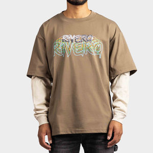 Camisetas gráficas de ilustraciones desgastadas personalizadas Camiseta de manga larga de doble capa de algodón 100% de peso pesado reversible para hombre - Product Image 1