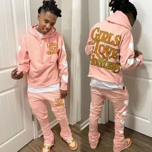 Conjunto de chándal con estampado de farol personalizado para hombre y mujer, conjunto de chándal Unisex con pantalones acampanados apilados y Sudadera con capucha de dobladillo sin procesar - Product Image 6