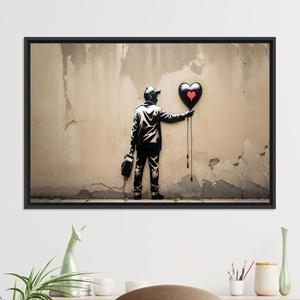 Modern Graffiti Art: Boy with <b>Balloon</b> Printed Canvas Artwork,BLACK FRAMED CANVAS - Product Image 1