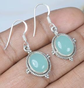 Bijoux faits à la main en argent fin classique filles boucles d'oreilles Aqua calcédoine solide 925 argent Sterling pierre précieuse naturelle 925 timbre bijoux - Product Image 2